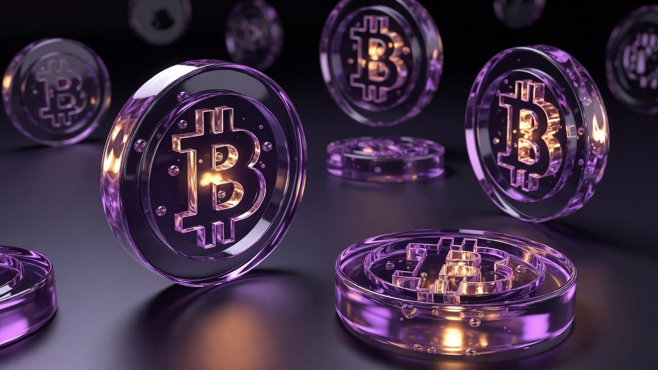 Evopayd — crystalline crypto coins with purple glow